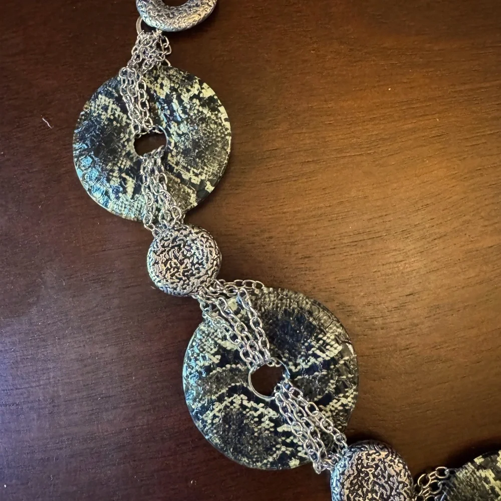 Chico's Silver Chain Snakeskin Statement Belt with Textured Discs
